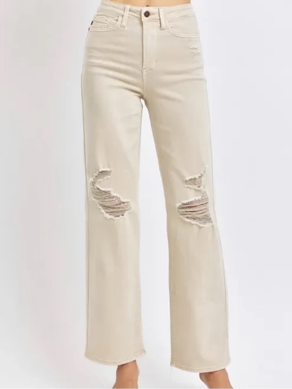 Judy Blue Full Size High Waist Distressed Wide Leg Jeans-Bone